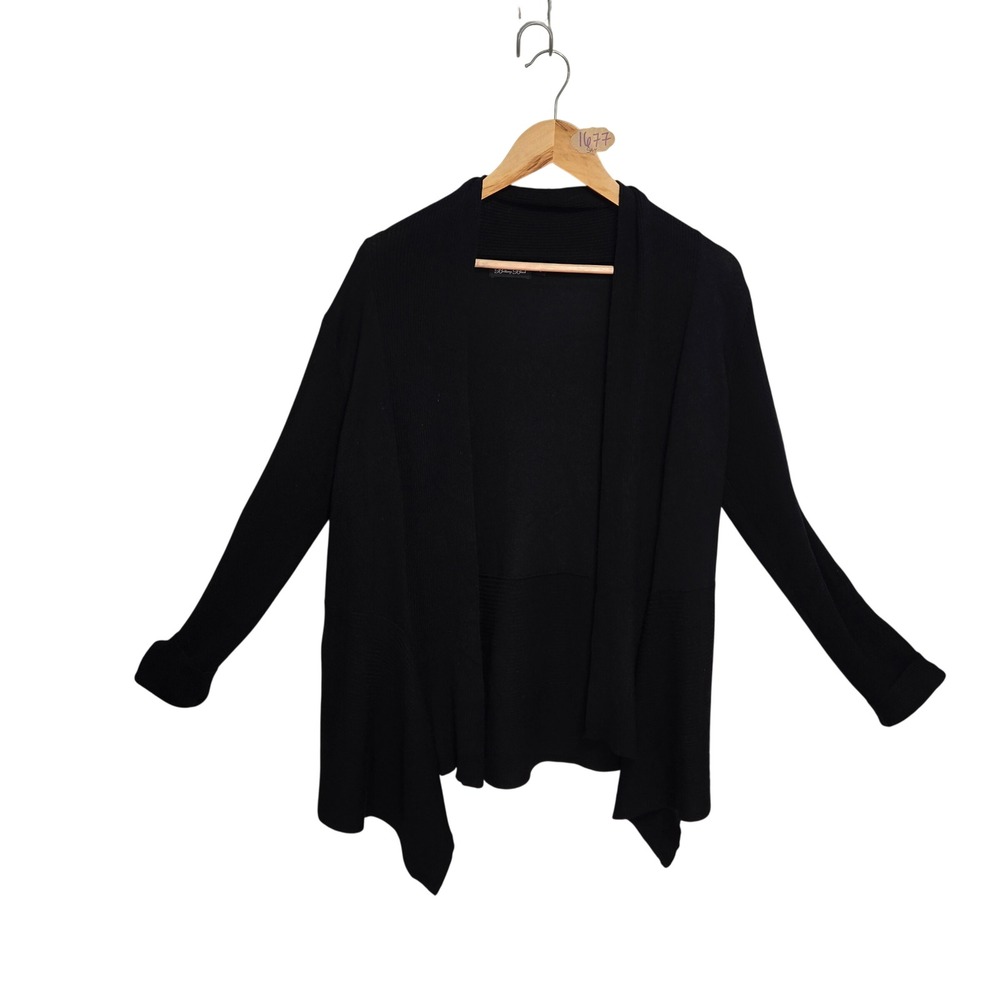 Brittany Black Womens Large Open Front Draped Waterfall Cardigan Sweater Ribbed
